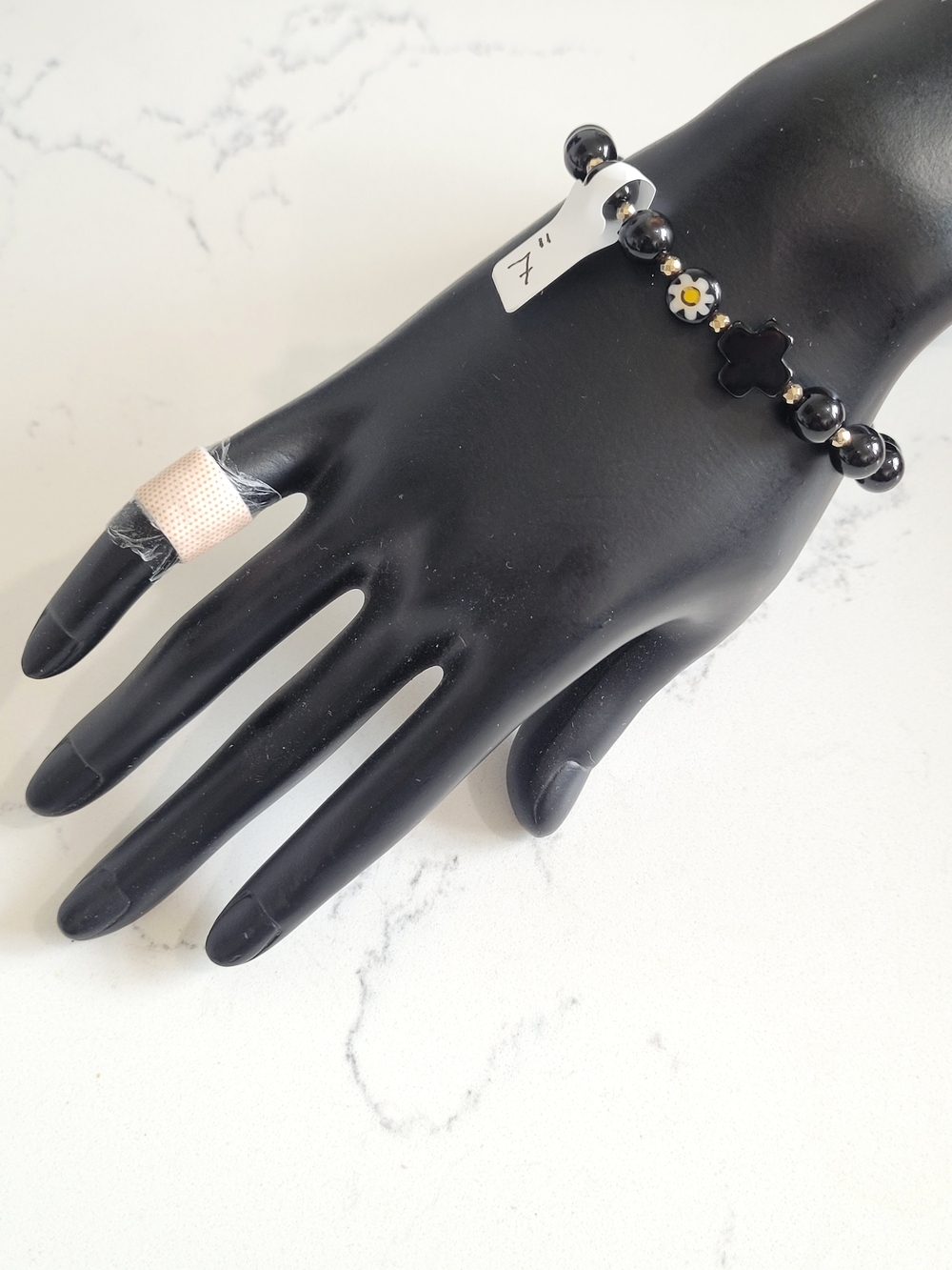 Hand Crafted Black Onyx Bead Kids Bracelet with Glass Daisy Accent - Picture 3 of 3